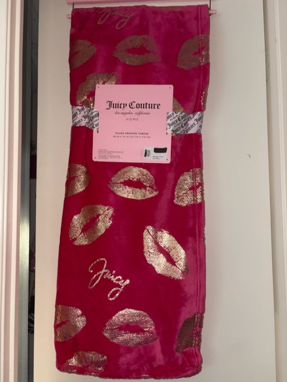 Juicy Couture Hot Pink Plush Throw with Metallic Gold Lips